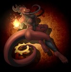 anthro bottomless clothed clothing elemental_manipulation female fingers fire fire_manipulation horn long_tongue looking_at_viewer magic open_mouth solo tail tongue tongue_out kurtassclear mythology dragon mythological_creature mythological_scalie scalie wingless_dragon 2021 digital_media_(artwork) hi_res