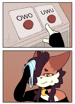 anthro bodily_fluids brown_hair choker clothing femboy fluffy_ears hair jewelry male necklace panties piercing smug smug_face solo sweat sweatdrop underwear starlit_aster canid canine fox mammal absurd_res hi_res meme