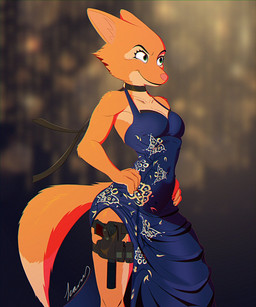 anthro breasts choker cleavage clothed clothing dress evening_dress female gun handgun hands_on_hips holster jewelry leg_holster makarov_pm necklace pistol ranged_weapon side_slit side_slit_dress silencer slit_dress smile solo thigh_holster weapon ikaruss_draws dreamworks the_bad_guys diane_foxington canid canine fox mammal red_fox true_fox hi_res
