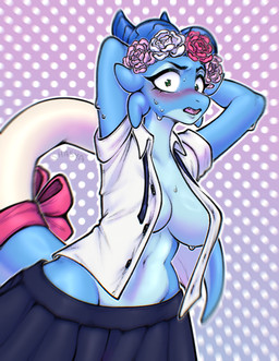 accident anthro big_breasts blue_body blue_horn blush blush_lines bodily_fluids bottomwear bow_ribbon breasts clothed clothing dress dressing_up female flower flower_crown furgonomics green_eyes horn looking_at_viewer no_bra no_underwear open_mouth plant shirt simple_background skirt skirt_slipping_down solo surprised sweat tail tail_clothing tail_sleeve topwear wardrobe_malfunction shasya azula_caelum_(valdusaetherius) kobold scalie digital_media_(artwork) hi_res