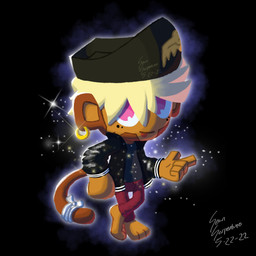 anthro aura big_ears black_background blonde_hair bottomwear clothing denim denim_bottomwear denim_clothing feet hair hat headgear headwear jacket jeans leather leather_clothing leather_jacket leather_topwear male pants pink_eyes red_bottomwear red_clothing red_jeans red_pants simple_background smile solo sparkles topwear sean_serpentine bloons_tower_defense ninja_kiwi gil_walker_(sean_serpentine) haplorhine mammal monkey primate 1:1 absurd_res hi_res