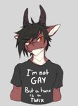 anthro candy clothed clothing dessert food horn humor male narrowed_eyes red_eyes shirt solo stated_heterosexuality stated_sexuality topwear anixis conditional_dnp mars_incorporated mythology twix dragon mythological_creature mythological_scalie scalie digital_media_(artwork) hi_res