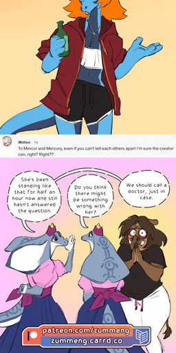 alcohol angry anthro ask_blog beer beverage blue_body blue_scales bodily_fluids breasts brown_body brown_fur brown_hair cloak clothing comforting crying dialogue female fur group hair headgear headwear hoodie humor male orange_hair religious_clothing religious_headwear sarong scales tears text topwear translucent translucent_body turban vest whispering worried zummeng supreme ana_(zummeng) darnell_(zummeng) emery_(zummeng) mercur_(zummeng) mercury_(zummeng) neptune_(zummeng) nigel_(zummeng) zummeng_(character) alien avian bird chicken cobra galliform genie hybrid lagomorph leporid lizard mammal phasianid rabbit reptile rhinoceros scalie snake suid suine sus_(pig) wild_boar absurd_res comic english_text hi_res long_image tall_image sibling_(lore) sister_(lore) sisters_(lore) twins_(lore)
