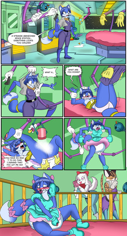 6_panel_comic angry anthro baby_powder blue_body blue_eyes blue_fur blush boots breasts changing_table childish_clothing clean_diaper clothed clothing crib dialogue diaper diaper_change dipstick_tail dressing dressing_another embarrased_female embarrassed embarrassed_expression fangs female footwear forced_infantilism fur gloves group gun hair handwear heart_eyes heart_symbol holding_gun holding_object holding_ranged_weapon holding_weapon jacket laugh laughing_at legs_up lying markings mittens nursery object_in_mouth on_back open_diaper pacifier pacifier_in_mouth pinned powder powdering ranged_weapon restrained restrained_arms restrained_legs ribbons robotic_arm sharp_teeth shoes sippy_cup solo space spacecraft spaceship_background spaceship_interior spots spotted_body spotted_fur stripped_naked struggling tail tail_markings teeth text tongue topwear trio undressing_another uppies vehicle weapon wearing_diaper white_body white_fur yelling lev0on nintendo star_fox fay_(star_fox) krystal_(star_fox) miyu_(star_fox) alien canid canine canis cerinian domestic_dog felid feline fox lynx mammal poodle absurd_res comic english_text hi_res