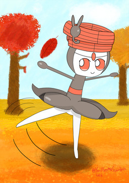 ambiguous_gender autumn balancing cloud dancing grass landscape leaf looking_away outside plant raised_arms raised_leg smile solo three-quarter_view tree conditional_dnp youllseemescarlett nintendo pokemon generation_5_pokemon humanoid legendary_pokemon meloetta meloetta_(pirouette_form) pokemon_(species) absurd_res hi_res