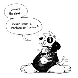 3_fingers 3_toes ambiguous_gender anthro arm_tuft black_body black_clothing black_collar black_ears black_fur black_nose black_shirt black_text black_topwear chest_tuft claws clothing collar collar_tag dialogue eye_spots feet finger_claws fingers floppy_ears fur grey_text head_tuft looking_at_viewer multicolored_body multicolored_fur oversized_clothing oversized_shirt oversized_topwear shirt shoulder_tuft sitting smile solo speech_bubble t-shirt tail tail_motion tailwag teeth text text_on_clothing text_on_shirt text_on_topwear toe_claws toes topwear tuft white_back white_body white_fur cocadope coca_(cocadope) canid canine canis domestic_dog mammal 2025 absurd_res black_and_white english_text hi_res line_art monochrome shaded shaded_line_art male_(lore)