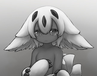 anthro big_ears breasts claws comforting dark_body darkness featureless_breasts featureless_chest female fluffy fluffy_tail fur gradient_background hair horn looking_down multi_arm multi_limb multi_tail sad simple_background solo tail white_hair worried worried_look aiasuru made_in_abyss faputa arthropod humanoid hybrid insect lepidopteran moth narehate monochrome