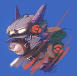 anthro belt blue_background blue_eyes clothing eyewear goggles hat headgear headwear male muzzle_(object) muzzled simple_background solo garrrzzz bandai_namco digimon appmon_(species) canid canine canis digimon_(species) logamon mammal wolf bust_portrait portrait