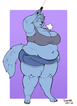 anthro big_breasts blue_body bottomwear breasts clothing crop_top daisy_dukes deep_navel denim denim_bottomwear denim_clothing denim_shorts female female_anthro gun handgun hotpants monotone_body muffin_top navel obese obese_anthro obese_female overweight overweight_anthro overweight_female pistol raised_hand ranged_weapon relaxed_expression sci-fi_gun shirt shorts sighing solo tail tank_top thick_thighs tight_clothing topwear wardrobe_malfunction weapon wide_hips lumieart canid mammal absurd_res hi_res