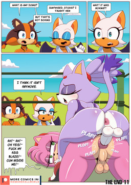 anal anal_penetration anthro anus backsack balls butt clothed clothing dialogue duo fighting_ring from_behind_position genitals gynomorph humanoid_genitalia humanoid_penis intersex intersex/intersex penetration penis perineum pink_body purple_body sex speech_bubble text ike_marshall sega sonic_boom sonic_the_hedgehog_(series) amy_rose blaze_the_cat rouge_the_bat sticks_the_jungle_badger badger bat domestic_cat eulipotyphlan felid feline felis hedgehog mammal mustelid musteline comic english_text hi_res