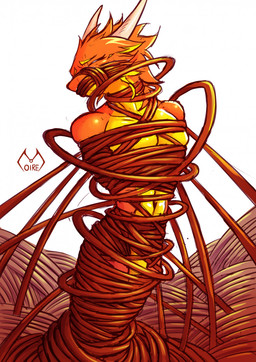 2_horns anthro arms_tied bdsm blonde_eyebrows bondage bound cheek_tuft eyebrows eyes_closed facial_tuft featureless_crotch fully_bound fur gag gagged hair hands_behind_back horn legs_tied logo male mouth_closed muffled multicolored_body multicolored_fur multicolored_scales mummification muscular muscular_anthro muscular_male navel nude nude_anthro nude_male orange_body orange_fur orange_hair orange_scales restrained restraints rope rope_bondage rope_gag rope_harness scales simple_background solo standing submissive submissive_anthro submissive_male tuft white_background worried yellow_body yellow_fur yellow_scales moire_dragon mythology moire_(moire_dragon) dragon furred_dragon furred_scalie mythological_creature mythological_scalie scalie wingless_dragon artist_logo hi_res