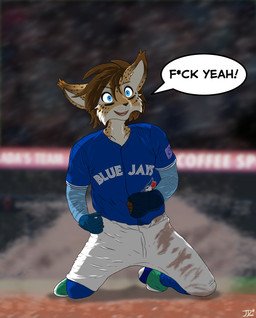 anthro baseball_(sport) baseball_pants baseball_uniform black_paint blue_eyes blurred_background bodypaint brown_hair celebration cleats clothing crowd dialogue dirt dirty dust face_paint femboy gloves grass group hair handwear happy jersey kneeling light male paint plant profanity shirt sliding solo sport sportswear spots stadium text topwear uniform whisker_spots wrist_guards jordanos21 mlb toronto_blue_jays twokinds prince_sorrel felid feline lynx mammal absurd_res english_text hi_res lighting