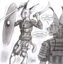 5_fingers anthro armor belt bodily_fluids bottomwear clenched_teeth clothed clothing cuirass dagger dialogue duo ear_piercing ear_ring ear_tuft fingers fur fur_markings holding_melee_weapon holding_object holding_shield holding_sword holding_weapon loincloth looking_forward male markings melee_weapon motion_lines notched_ear piercing plate_mail polearm raised_arm ring_piercing shield spaulder spear speech_bubble standing sweat sword tail teacher teeth text training tuft weapon 0laffson caracal caracal_(genus) felid feline mammal 2021 english_text graphite_(artwork) hi_res signature traditional_media_(artwork)