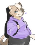 anthro blue_sclera bottomwear clothed clothed_anthro clothed_female clothing ear_piercing eyebrows eyelashes female female_anthro front_view fur guitar_case hair heart_symbol hoodie looking_at_viewer multicolored_body multicolored_fur piercing pupils purple_clothing purple_hoodie purple_sweatshirt purple_topwear simple_background smile solo sweatshirt tail tan_body tan_fur topwear white_background white_pupils conditional_dnp sonokido ventura_city_drifters molly_mcknitt domestic_cat felid feline felis mammal 2023 digital_media_(artwork) hi_res portrait three-quarter_portrait
