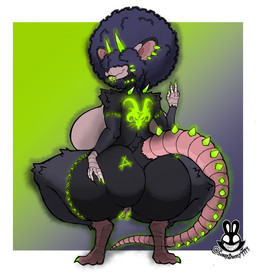 2_horns afro anthro big_breasts big_butt black_body black_fur breasts buckteeth butt clitoris clitoris_piercing crouching female fur genital_piercing genitals glowing_piercing hairless_tail horn huge_breasts huge_butt labia_piercing looking_back nude piercing rat_tail solo spread_legs spreading surgical_suture tail teeth thick_thighs vulva vulva_piercing warpstone wide_hips christomwow warhammer_(franchise) warhammer_fantasy mammal murid murine rat rodent skaven absurd_res hi_res