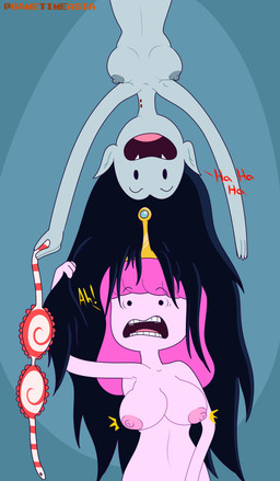 assisted_exposure black_hair bra breasts clothing duo fangs female female/female food food_hair grey_body grey_nipples grey_skin hair humanoid_on_humanoid humanoid_pointy_ears laugh long_hair nipples noseless not_furry nude open_mouth open_smile pink_body pink_hair pink_nipples pink_skin pointy_ears pseudo_hair shocked smile teeth text underwear upside_down gametimeasia adventure_time cartoon_network marceline_abadeer princess_bubblegum candy_people_(at) food_creature humanoid vampire 2019 absurd_res hi_res
