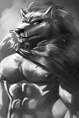 abs abstract_background anthro cape clothing eye_contact fur looking_at_another looking_at_viewer male muscular nipples pecs pose solo teeth astropandaart elden_ring fromsoftware blaidd_(elden_ring) canid canine canis mammal wolf 2:3 absurd_res greyscale hi_res monochrome pinup sketch