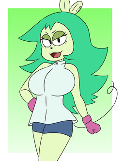 aged_up anthro big_breasts blue_bottomwear blue_clothing blue_shorts border bottomwear breasts clothed clothing cute_fangs ear_piercing fangs female gloves gradient_background green_background green_body green_hair hair hand_on_hip handwear long_hair looking_at_viewer open_mouth piercing pink_clothing pink_gloves pink_handwear shirt shorts simple_background sleeveless_shirt solo tail teeth thin_tail topwear white_border white_clothing white_shirt white_topwear orcaverde cartoon_network ok_k.o.!_let's_be_heroes adult_fink fink_(ok_k.o.!_lbh) mammal mouse murid murine rodent 2022 hi_res portrait three-quarter_portrait