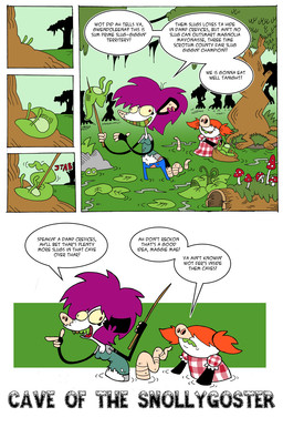 anthro duo female hair orange_hair outside plant purple_hair speech_bubble swamp text tree agouti-rex american_opossum gastropod mammal marsupial mollusk slug 2014 comic english_text hi_res