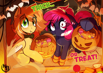 ambiguous_gender candy dessert dialogue duo eyebrows eyelashes feral food green_eyes holidays looking_at_viewer text wings nevobaster halloween hasbro my_little_pony mythology fan_character wake-up_call_(featherponi) equid equine mammal mythological_creature mythological_equine pegasus 2025 absurd_res digital_media_(artwork) english_text hi_res