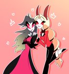 anthro blonde_hair blush clothed clothing duo female gradient_hair hair heart_symbol hug smile astrally hazbin_hotel helluva_boss charlie_morningstar octavia_(helluva_boss) avian avian_demon bird demon owl owl_demon 2020 absurd_res hi_res