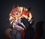 anthro clothing duo eyebrow_piercing eyewear facial_piercing female glasses male necktie orange_body piercing police police_officer police_uniform suit sunglasses uniform madiblitz disney dreamworks the_bad_guys zootopia diane_foxington nick_wilde canid canine fox mammal red_fox true_fox hi_res