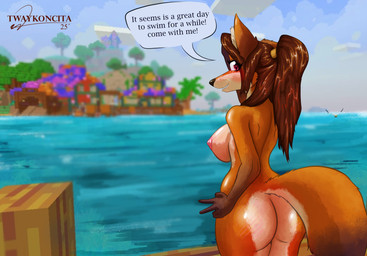 anthro big_breasts big_butt breasts brown_hair butt female fur hair heart_eyes heart_symbol multicolored_body multicolored_fur nipples nude orange_body orange_fur rear_view smile solo tail text water white_body white_fur twaykoncita microsoft minecraft mojang xbox_game_studios rochelle_(twaykoncita) canid canine fox mammal absurd_res broken_language english_text hi_res