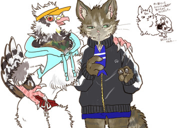 ambiguous_gender anthro beak bottomwear brown_body clothed clothing duo eyewear feathers female fur group hat headgear headwear hoodie kemono open_mouth shorts simple_background text topwear tuft white_background kyokyota avian bird columbid domestic_cat felid feline felis mammal pigeon 2019 absurd_res hi_res japanese_text