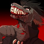 anthro black_clothing black_hair black_topwear blood blood_on_face blood_on_teeth bodily_fluids clothed clothing facial_piercing fur gradient_background grey_body grey_fur grin hair jewelry lip_piercing looking_at_viewer male necklace nose_piercing nose_ring piercing red_eyes ring_piercing septum_piercing septum_ring simple_background smile snakebite_piercing solo topwear imperatorcaesar bust_portrait portrait