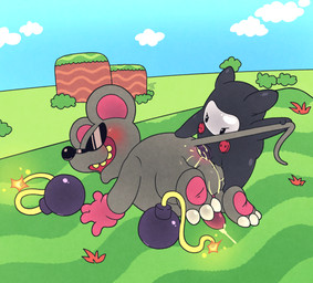 anal anal_orgasm anus balls blush bodily_fluids bodysuit bomb butt chibi clothing cum cum_in_ass cum_inside cum_on_balls cum_on_butt cum_on_ground duo ejaculation erection explosives eyewear genital_fluids genitals hands-free lit_fuse looking_pleasured male male/male male_penetrated male_penetrating male_penetrating_male ninja open_mouth orgasm outside pawpads penetration penis sex size_difference skinsuit sunglasses tail tail_pull tight_clothing warrior argon_vile mario_bros nintendo super_mario_bros._2 mouser mammal mouse murid murine ninji_(mario) rodent hi_res