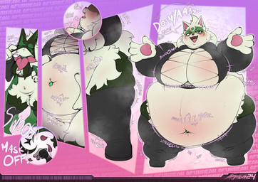 anthro belly belly_expansion big_arms big_belly big_breasts big_butt bloat_(sound_effect) bloated blush bodily_fluids breast_expansion breasts breath butt cheek_bulge clothing creaking dialogue dripping expansion female fur genital_fluids genitals green_body green_fur groan huge_belly huge_breasts huge_butt huge_thighs hyper hyper_belly hyper_breasts hyper_butt hyper_thighs inflation leaking_precum mask motion_lines navel overweight overweight_anthro overweight_female panting pink_background pokemorph precum precum_drip purple_background rumbling_stomach self_inflation simple_background solo speech_bubble straining straining_clothing stretched_clothing stretching sweat sweatdrop swelling swoosh text thick_thighs vulva weight_gain afurreak nintendo pokemon generation_9_pokemon meowscarada pokemon_(species) 2025 absurd_res digital_media_(artwork) english_description english_text hi_res watermark