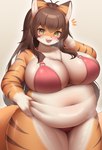 5_fingers :3 ahoge anthro belly big_breasts bikini biped blush bottomwear breasts brown_body brown_ear_tips brown_ears brown_fur brown_hair brown_stripes chest_tuft cleavage clothed clothing curvy_figure dipstick_ears ear_markings emanata eyelashes female female_anthro fingers front_view full_cleavage fur glistening glistening_belly glistening_body glistening_breasts glistening_eyes glistening_fur gloves_(marking) green_eyes green_pupils hair hand_on_belly heart_(marking) holding_belly huge_breasts kemono long_hair looking_at_viewer markings midriff monotone_body monotone_fur multicolored_body multicolored_ears multicolored_fur navel obese open_:3 open_mouth open_smile orange_body orange_ears orange_fur orange_tail overweight overweight_anthro overweight_female pink_bikini pink_bottomwear pink_clothing pink_nose pink_swimwear pink_topwear pupils simple_background smile solo standing striped_body striped_fur stripes swimwear tail thick_thighs topwear tuft two-piece_swimsuit voluptuous white_background white_body white_fur white_inner_ear wide_hips kemonoyou catkey_(huhunya) felid mammal pantherine tiger 2023 absurd_res colored digital_media_(artwork) hi_res portrait shaded three-quarter_portrait