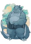 anthro belly clothing kemono male moobs nipples outside overweight overweight_male solo sun swimwear l4zily fish hybrid mammal marine shark suid suine sus_(pig) wild_boar 2021 absurd_res hi_res