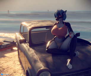 anthro beach beverage big_breasts bikini blue_hair breasts car casual_clothing cleavage clothed clothing curvy_figure ear_piercing ear_ring female hair multicolored_body navel orange_eyes piercing pink_top ring_piercing sea sitting smile smirk soda solo sunset swimwear thick_thighs two-piece_swimsuit two_tone_body vehicle water white_bikini white_clothing white_swimwear wide_hips rileyarlic_(artist) valorlynz_(modeler) trabant zea_nalya aquatic cetacean dolphin mammal oceanic_dolphin orca toothed_whale 3d_(artwork) 6:5 digital_media_(artwork) hi_res