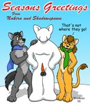 ambiguous_gender anthro biped blue_scarf blue_sky carrot coal duo food fur green_scarf grey_body grey_fur holiday_message orange_body orange_fur plant scarf sky snowman text vegetable wooky canid canine felid lion mammal pantherine 1998 english_text