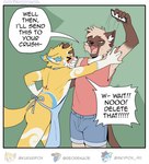 anthro biped brown_body brown_fur duo fur male slim_anthro slim_male text white_body white_fur yellow_body yellow_fur kurarifox kurari_(deruu) noran_(deruu) domestic_cat felid feline felis mammal 2024 english_text hi_res