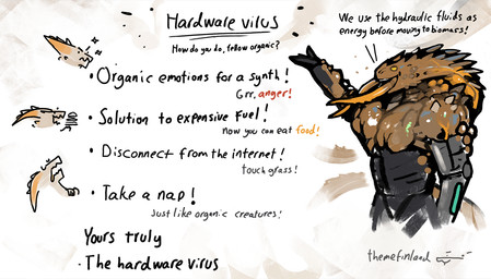 ambiguous_gender arm_spikes black_body brochure brown_body cybernetic_arm cybernetic_limb cybernetics gesture hand_gesture head_spike machine open_mouth open_smile pointing sales_pitch shoulder_spikes simple_background smile solo spikes spikes_(anatomy) tail teeth text text_background white_background yellow_eyes themefinland cyborg humanoid monster monstrous_humanoid 2025 artist_name digital_drawing_(artwork) digital_media_(artwork) english_text half-length_portrait hi_res portrait sketch