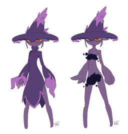 big_forearms clothing female forearms hat headgear headwear neet purple_body skinny slim solo witch_hat yellow_sclera onearmdude nintendo pokemon fan_character malice_(onearmdude) generation_4_pokemon humanoid mismagius pokemon_(species) censored model_sheet sketch