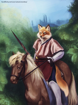 ambiguous_feral ambiguous_gender anthro blue_sky brown_eyes clothed clothing day duo feral fur holding_melee_weapon holding_object holding_sword holding_weapon male male_anthro melee_weapon mouth_closed orange_body orange_fur outside plant shrub sitting sky sword weapon white_body white_fur yellow_eyes satanic_monkey canid canine equid equine fox horse mammal 3:4 hi_res