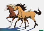 4_legs ambiguous_gender blonde_mane blue_eyes brown_eyes brown_mane duo feral fur hooves looking_at_another mane simple_background tail tan_body tan_fur walking white_background yellow_tail noki001 dreamworks spirit:_stallion_of_the_cimarron rain_(cimarron) spirit_(cimarron) equid equine horse mammal absurd_res hi_res