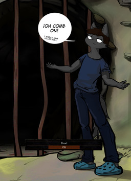 anthro clothing footwear male prison solo speech_bubble text tomotomo15 crocs dark_souls fromsoftware mammal absurd_res english_text hi_res