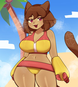 anthro big_breasts bikini biped breasts brown_body brown_hair camel_toe clothed clothing female hair navel open_mouth palm_tree plant pupils smile solo swimwear tail tree two-piece_swimsuit whiskers wide_hips yellow_bikini yellow_clothing yellow_swimwear bonniblair gameoverse glitch_productions kit_bodega domestic_cat felid feline felis mammal hi_res