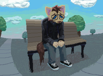 anthro bench black_clothing black_footwear black_jacket black_shoes black_topwear blue_sky bottomwear brown_tail clothing cloud detailed_background footwear fur grey_bottomwear grey_clothing grey_pants jacket male pants sad sky solo tail tan_body tan_fur topwear demensa domestic_cat felid feline felis mammal 2020 digital_media_(artwork) pixel_(artwork)