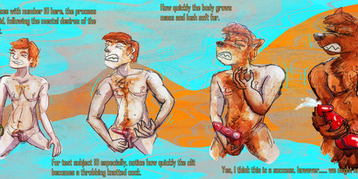 animal_genitalia anthro balls canine_genitalia clitoris gender_transformation genitals knot male mastectomy_scar potion scar solo text transformation vulva greengod canid canine canis domestic_dog human humanoid mammal english_text hi_res trans_(lore)