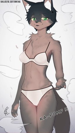 anthro biped blush bra breasts brown_body brown_fur clothing dark_hair ear_piercing female fur gradient_background green_eyes hair implied_transformation inner_ear_fluff looking_at_viewer neck_tuft offering_hand offering_hand_to_viewer panties piercing short_hair simple_background smile smoke solo sound_effects standing tail tuft underwear white_bra white_clothing white_panties white_underwear yellow_sclera ballistic-cottontail night_(theterm) canid canine canis mammal wolf 9:16 hi_res portrait signature three-quarter_portrait