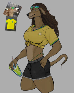 alternate_species anthro anthrofied bikini bottomwear brazil brazilian brazilian_flag_bikini brown_body brown_fur brown_hair clothing ear_piercing ear_ring eyebrow_piercing eyewear eyewear_on_head facial_piercing female flag_bikini flag_swimwear fur furrification hair holding_glass holding_object hotpants midriff piercing ring_piercing shirt shorts smile solo sunglasses sunglasses_on_head swimwear t-shirt tail thong_straps tied_shirt topwear two-piece_swimsuit wearing_sunglasses whiskers gabmanee canid canine canis domestic_dog mammal absurd_res hi_res