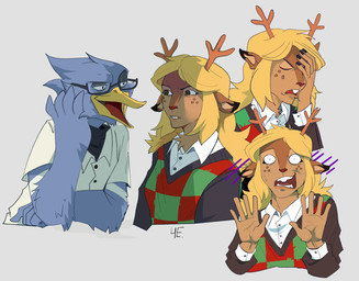 5_fingers anthro antlers beak blonde_hair blue_body blue_fur blush blush_lines brown_eyes buckteeth cartoon_freckles chest_tuft clothed clothed_female clothed_male clothing cocky cocky_grin duo eyewear facepalm female fingers freckled_face freckles fully_clothed fully_clothed_female fully_clothed_male fur glasses hair horn long_hair male no_irises pointy_ears red_nose scared shirt smile smug striped_body stripes sweater tear_trough teeth text topwear tuft unimpressed unsigned white_clothing white_sclera white_shirt white_topwear winged_arms wings yellow_beak gala_bobs deltarune undertale_(series) berdly noelle_holiday avian deer mammal new_world_deer reindeer 2026 digital_media_(artwork) half-length_portrait hi_res paint_tool_sai_(artwork) portrait russian_description russian_text translated translated_description