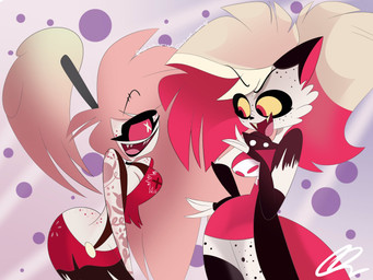 duo female livthewxtch hazbin_hotel hellaverse mythology cherri_bomb_(hazbin_hotel) crymini_(hazbin_hotel) canid canid_demon canine cyclops demon hellhound mammal mythological_canine mythological_creature 4:3 hi_res tagme