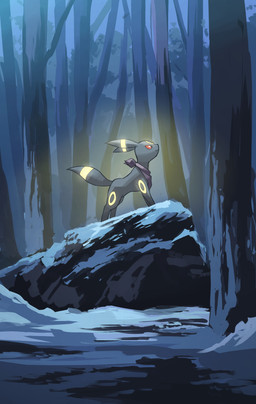 ambiguous_gender feral forest forest_background glowing glowing_markings grey_body markings nature nature_background plant red_eyes ring_(marking) rock snow solo tail tree winter hakkentai_pkdn nintendo pokemon pokemon_mystery_dungeon spike_chunsoft eeveelution generation_2_pokemon pokemon_(species) umbreon 2025 hi_res