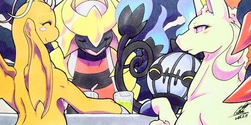 ambiguous_gender anthro beverage blush blush_lines breasts claws container cup drinking_straw eyelashes eyes_closed female fire flaming_hair flaming_mane fur glass glass_container glass_cup group hooves horn membrane_(anatomy) membranous_wings non-mammal_breasts open_mouth orange_body pink_eyes pseudo_hair pseudo_mane tongue wings yellow_body yellow_fur 025aki mythology nintendo pokemon altered_forme_giratina chandelure dragon dragonite equid equine generation_1_pokemon generation_4_pokemon generation_5_pokemon giratina legendary_pokemon mammal mythological_creature mythological_equine mythological_scalie pokemon_(species) rapidash scalie unicorn 2026 absurd_res dated hi_res signature
